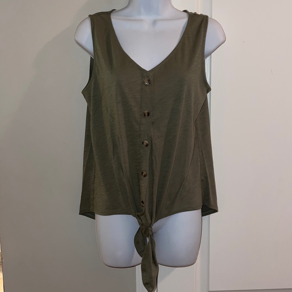 LOFT Olive Green Button Down with Tie at Bottom Tank Top Size Medium